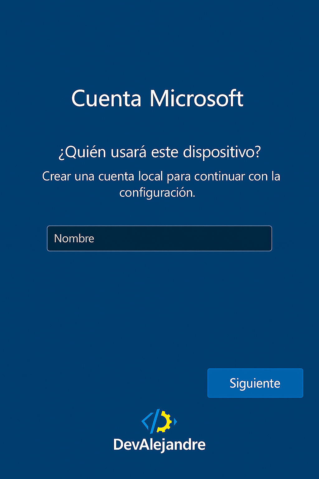 Pantalla para crear cuenta local durante la instalación