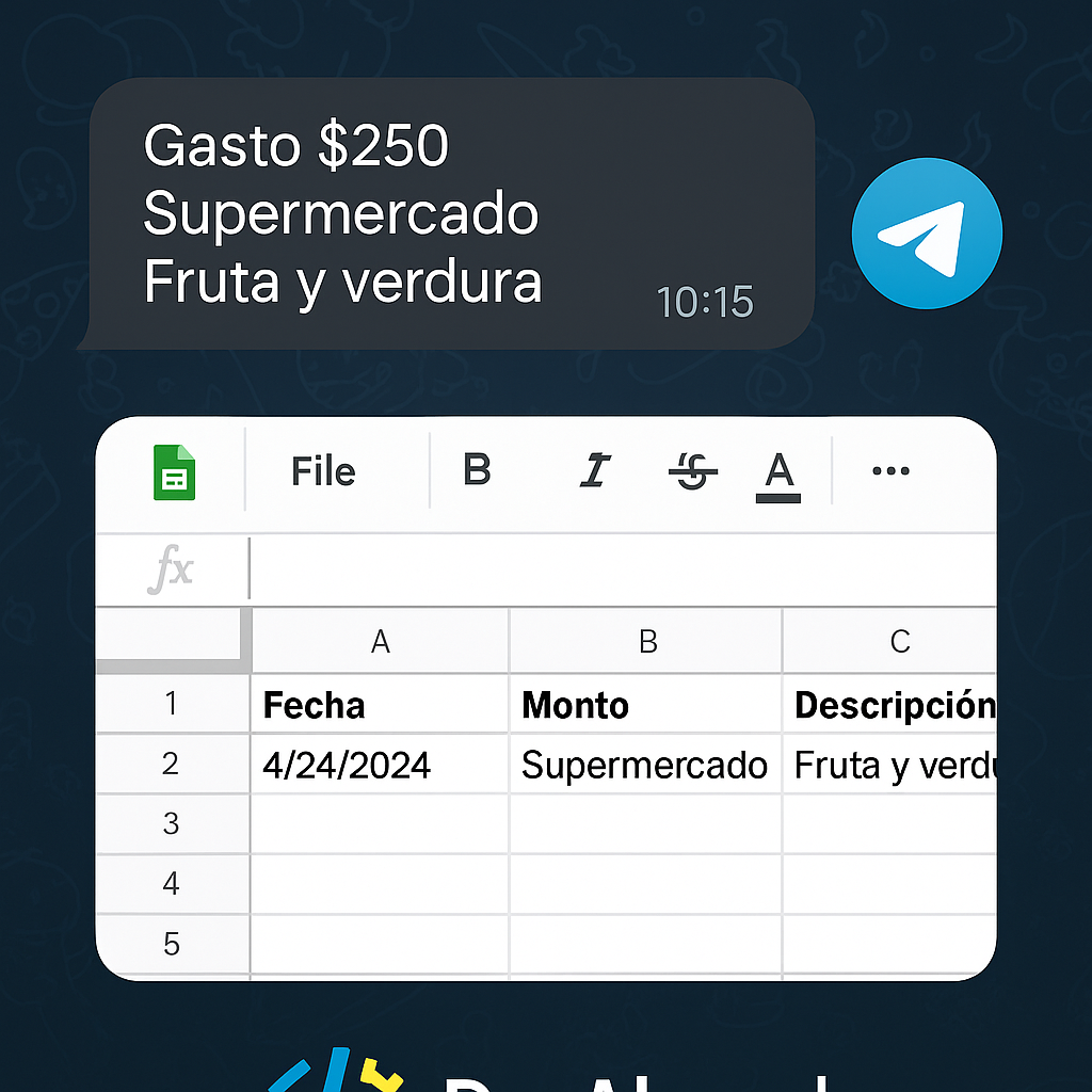 Ejemplo de hoja 'Gastos' con columnas de fecha, monto, categoría, nota y usuario